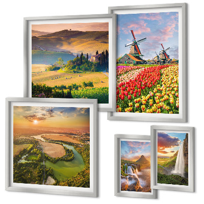 Set de 5 cuadros para salón Paisajes naturales, cascadas, molinos de viento