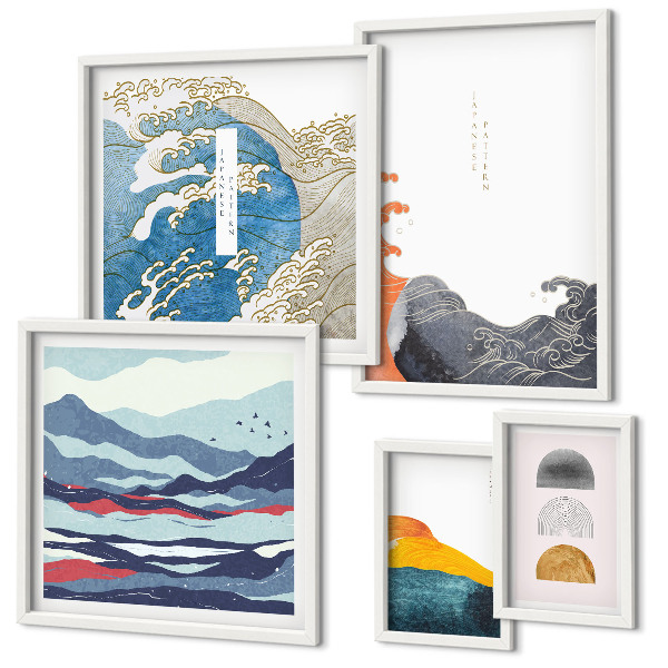 Set de 5 cuadros para salón Decoraciones de montañas con olas al estilo japonés