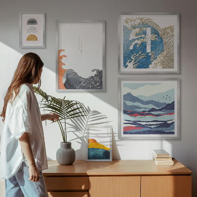 Set de 5 cuadros para salón Decoraciones de montañas con olas al estilo japonés