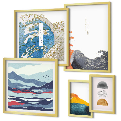 Set de 5 cuadros para salón Decoraciones de montañas con olas al estilo japonés
