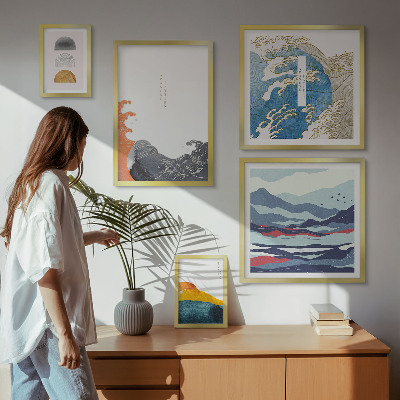 Set de 5 cuadros para salón Decoraciones de montañas con olas al estilo japonés