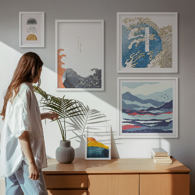 Set de 5 cuadros para salón Decoraciones de montañas con olas al estilo japonés