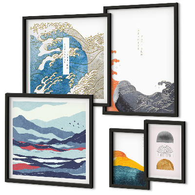 Set de 5 cuadros para salón Decoraciones de montañas con olas al estilo japonés