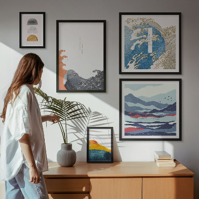 Set de 5 cuadros para salón Decoraciones de montañas con olas al estilo japonés
