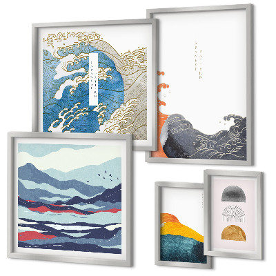 Set de 5 cuadros para salón Decoraciones de montañas con olas al estilo japonés