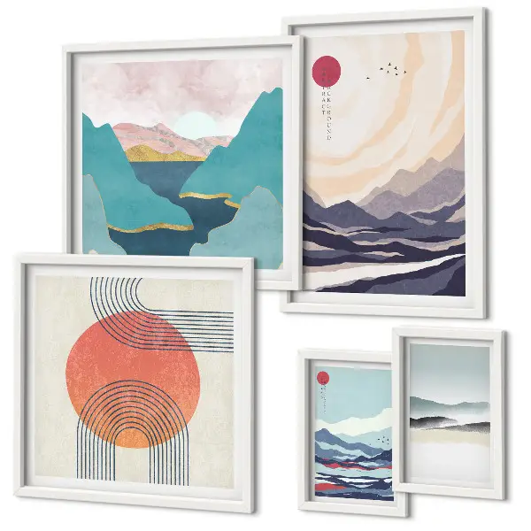 Set de 5 cuadros para salón con diseño de paisajes montañosos abstractos