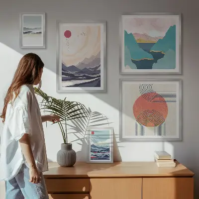 Set de 5 cuadros para salón con diseño de paisajes montañosos abstractos