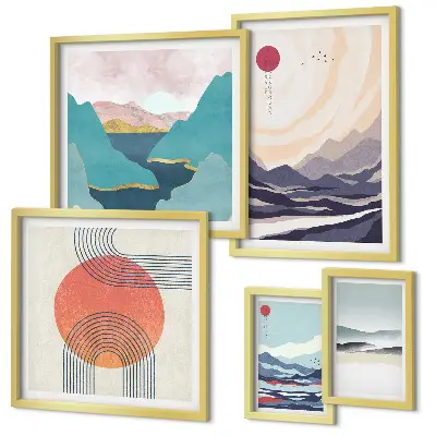 Set de 5 cuadros para salón con diseño de paisajes montañosos abstractos