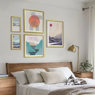 Set de 5 cuadros para salón con diseño de paisajes montañosos abstractos