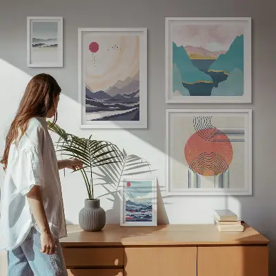 Set de 5 cuadros para salón con diseño de paisajes montañosos abstractos