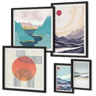 Set de 5 cuadros para salón con diseño de paisajes montañosos abstractos
