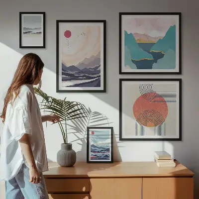 Set de 5 cuadros para salón con diseño de paisajes montañosos abstractos