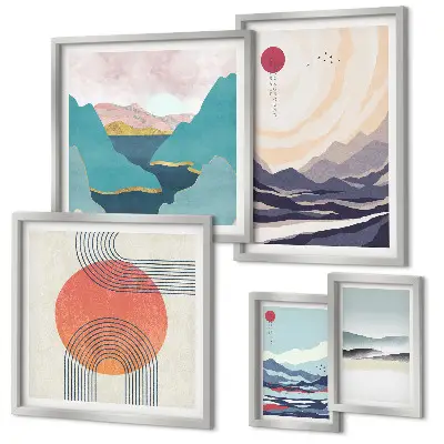 Set de 5 cuadros para salón con diseño de paisajes montañosos abstractos