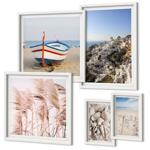 Pared galería de arte paisajes, playas y edificios blancos