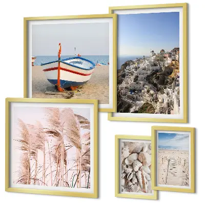 Pared galería de arte paisajes, playas y edificios blancos