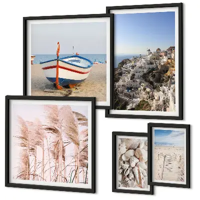 Pared galería de arte paisajes, playas y edificios blancos