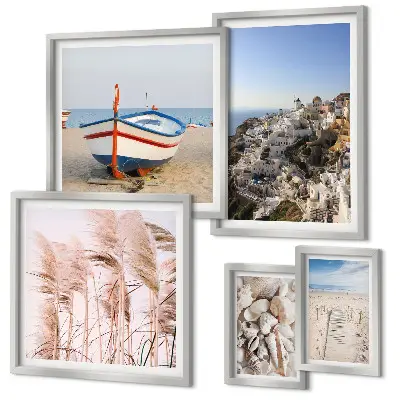 Pared galería de arte paisajes, playas y edificios blancos