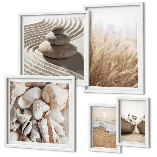 Set de 5 cuadros decorativos para salón con diseño de conchas marinas y arena