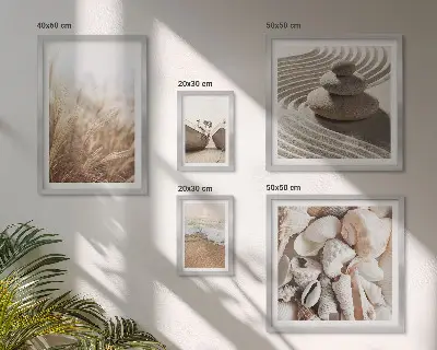 Set de 5 cuadros decorativos para salón con diseño de conchas marinas y arena