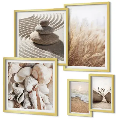 Set de 5 cuadros decorativos para salón con diseño de conchas marinas y arena