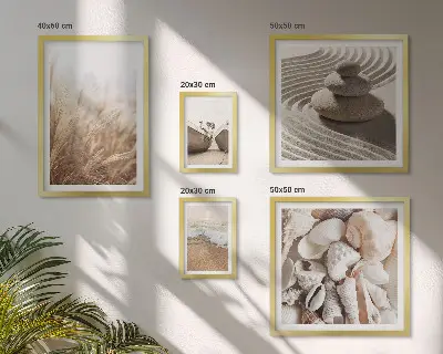 Set de 5 cuadros decorativos para salón con diseño de conchas marinas y arena