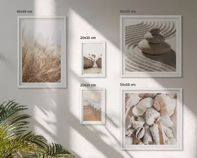 Set de 5 cuadros decorativos para salón con diseño de conchas marinas y arena