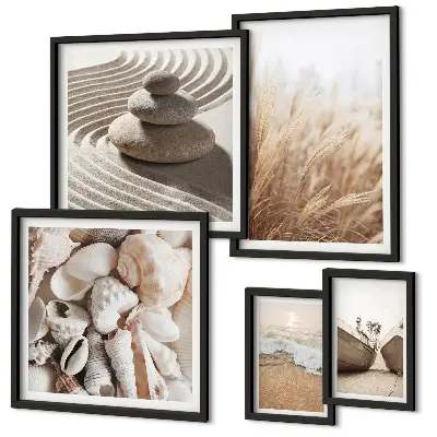 Set de 5 cuadros decorativos para salón con diseño de conchas marinas y arena