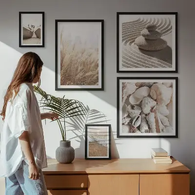 Set de 5 cuadros decorativos para salón con diseño de conchas marinas y arena