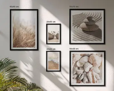 Set de 5 cuadros decorativos para salón con diseño de conchas marinas y arena