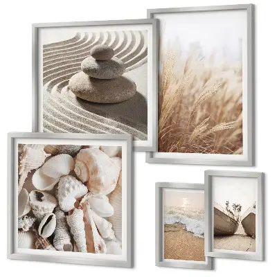Set de 5 cuadros decorativos para salón con diseño de conchas marinas y arena