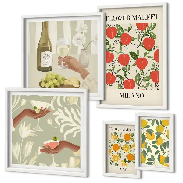 Impresión de arte para pared diseño feria de flores y frutas de época