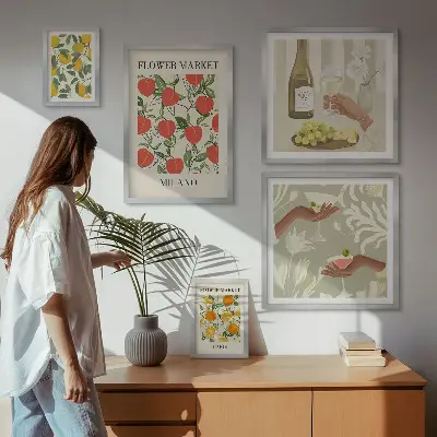 Impresión de arte para pared diseño feria de flores y frutas de época