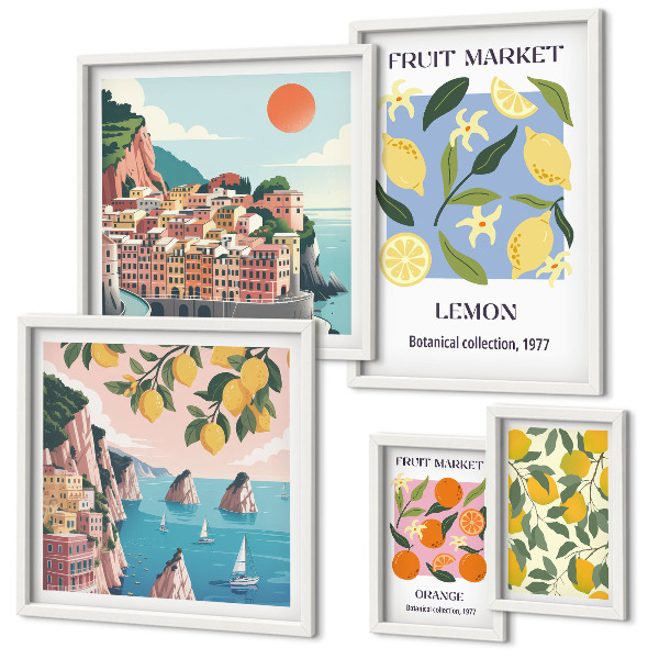 Set de 5 cuadros para salón Paisajes frutales de época