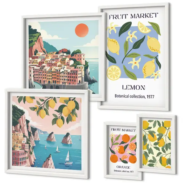 Set de 5 cuadros de paisajes frutales de época para salón