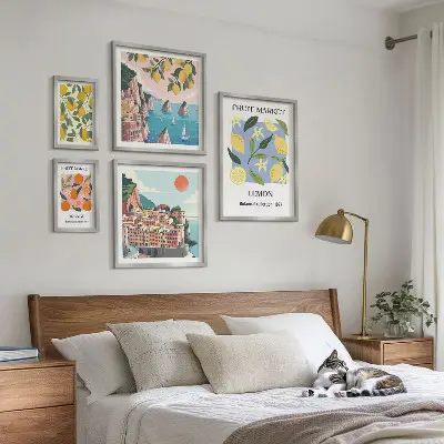 Set de 5 cuadros de paisajes frutales de época para salón
