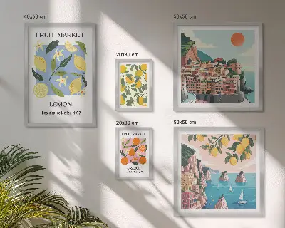 Set de 5 cuadros de paisajes frutales de época para salón