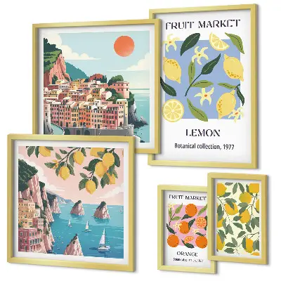 Set de 5 cuadros de paisajes frutales de época para salón
