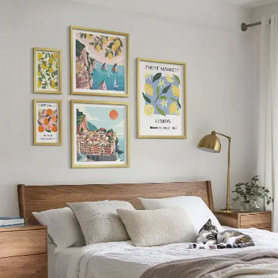 Set de 5 cuadros de paisajes frutales de época para salón