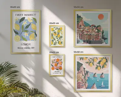 Set de 5 cuadros de paisajes frutales de época para salón
