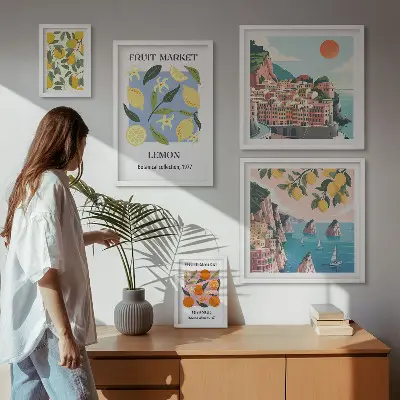 Set de 5 cuadros de paisajes frutales de época para salón