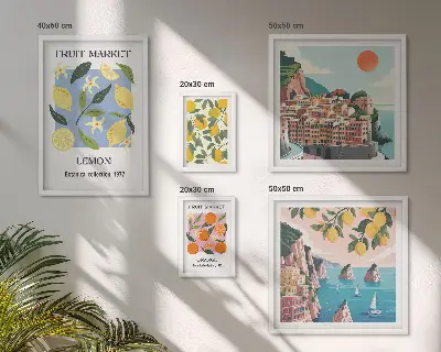Set de 5 cuadros de paisajes frutales de época para salón