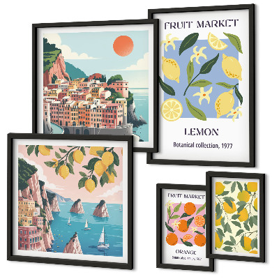 Set de 5 cuadros para salón Paisajes frutales de época