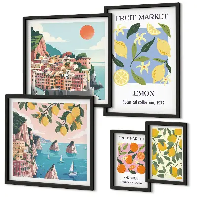 Set de 5 cuadros de paisajes frutales de época para salón