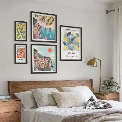 Set de 5 cuadros de paisajes frutales de época para salón