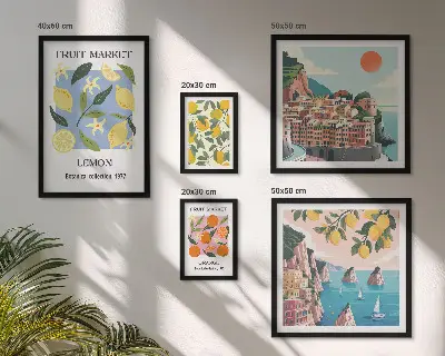 Set de 5 cuadros de paisajes frutales de época para salón