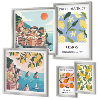 Set de 5 cuadros para salón Paisajes frutales de época