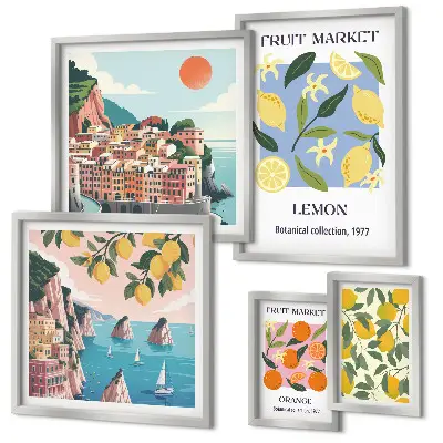 Set de 5 cuadros de paisajes frutales de época para salón