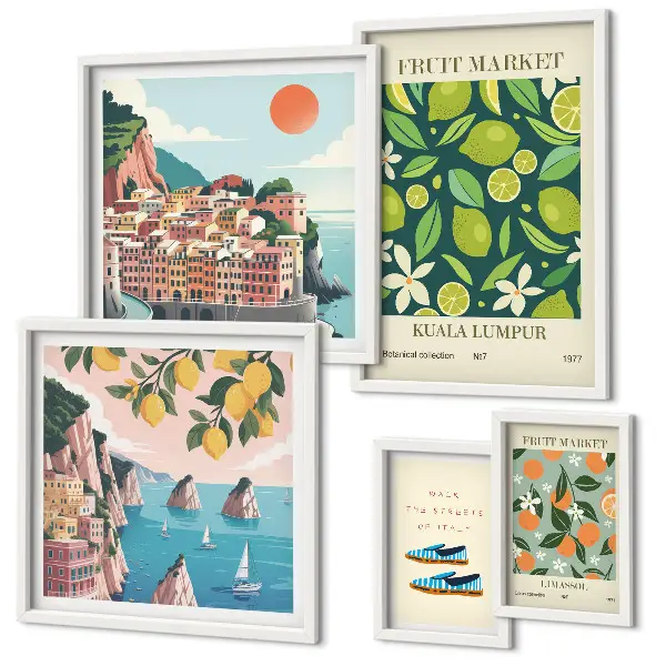 Conjunto de cuadros decorativos diseño de vacaciones con frutas tropicales