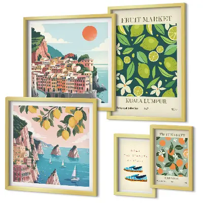 Conjunto de cuadros decorativos diseño de vacaciones con frutas tropicales