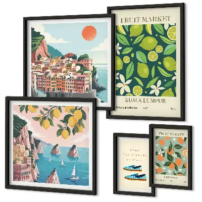 Conjunto de cuadros decorativos diseño de vacaciones con frutas tropicales